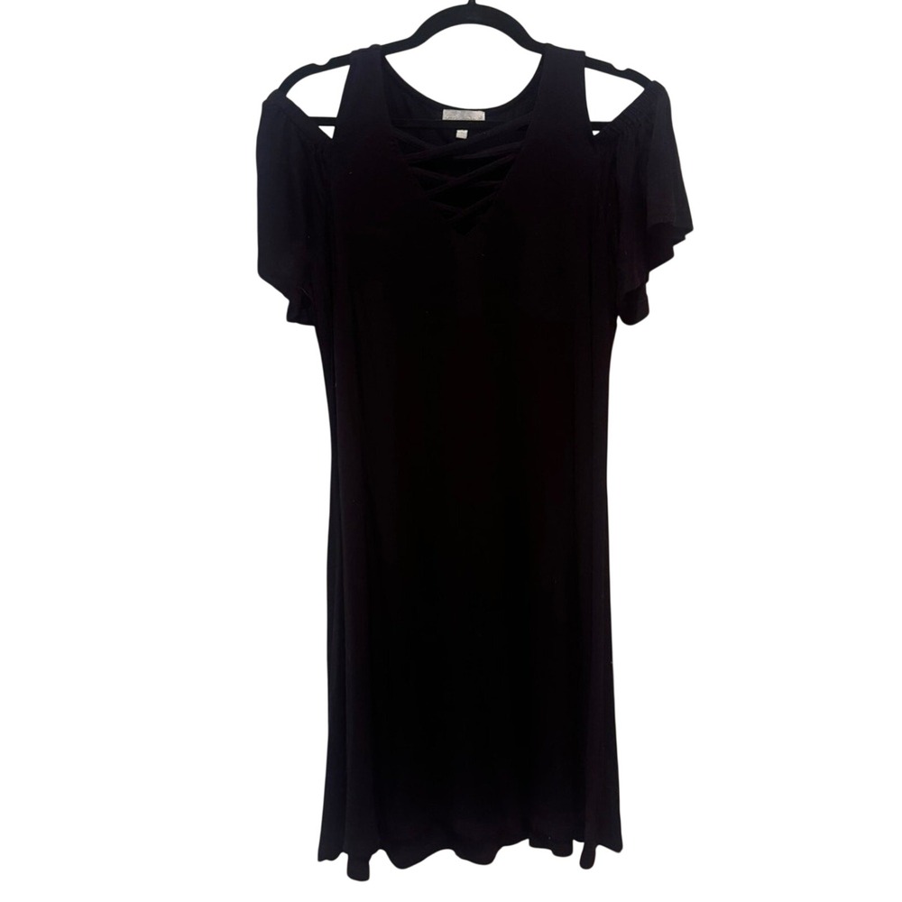 Simply Southern Women's Black Cold Shoulder Criss Cross V-neck Dress Size M